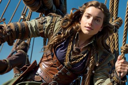 from below, on ship, action shot, dynamic angle , (medium closeup),  depth of field, woman captain hanging on rigging, swinging on rope, solo, holding a sword in her hand by the hilt, wearing a tricorn with feather, jacket, dress, slender, shapely, belt, bandolier with 2 pistols in it,  n3wp1r4t3