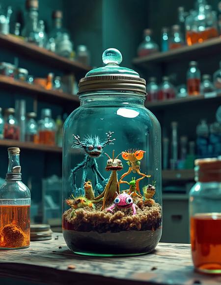 closeup photo monsters in a jar. Small but frightening and fierce creatures in the dark laboratory of a human mad scientist from 1955,  orderly but full shelves line the walls with inscrutable tools and jars and test tubes filled with odd colored fluids and small alien objects. Jar of monsters in the foreground and lab space in the background. 