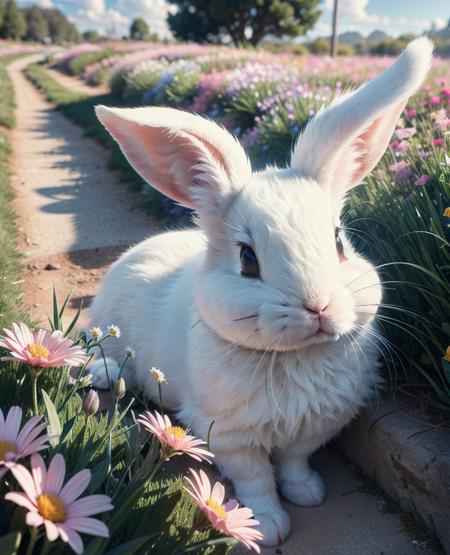 (extremely detailed CG unity 8k wallpaper,masterpiece, best quality, ultra-detailed),(best illumination, best shadow, an extremely delicate and beautiful),(cute bunny),(sleeping),(beautiful grass),(clouds),(colorful flowers)