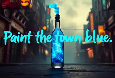 A standing Molotow Cocktail Bottle, clear glass with glowing blue liquid and blue flames standing in the middle of futuristic, gloomy steampunk street. 
A bold tag line is sprayed on the top part of the image in bright deep blue hues: "Paint the town blue"
