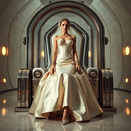 A slender, arrogant  rich norvegian bride, dressed in a luxurious, rich fantasy satin wedding gown with a fitted, boned corset and a full, flared skirt, paired with satin high heels, orgasm face. The brainwashing temple electrode,  connected to a  futuristic superconputer rack. Her hands and ankles are bound to a polished steel throne with massive glass hood  by massive steel restraints, accentuating her ultra-thin waist.  weird fog from the floor. The scene is set in a sterile, empty chamber, with a glossy mother-of-pearl finish, evoking a sense of futuristic dread. Inspired by the cinematic styles of Ridley Scott, Guillermo del Toro, and H.R. Giger, with a blend of sci-fi and horror elements, this full-body portrait is a masterpiece of cinematic storytelling, shot on a virtual v-raptor XL camera, with a warm, film-grained aesthetic, subtle vignette, and rich color grading, reminiscent of 35mm film, with dramatic, atmospheric lighting, inviting the viewer to immerse themselves in this epic, stunning scene.