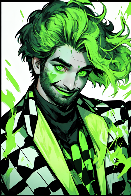 Niji Bright Style, 1boy, black border, checkered clothes, facial hair, floating hair, glowing, green eyes, green hair, green theme,looking at viewer, male focus, ,scar, scar on face, scarf, shirt, smile, solo, spot color, upper body, white background <lora:Niji_Bright:1>