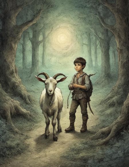 on parchment a small boy and his goat travel through a luminous fantasy forest deep ominous trail hidden watchful eyes