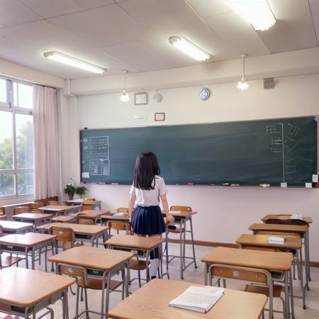 best quality, ultra-detailed, illustration,
kyoshitsu, classroom, scenery, chalkboard, window, school, indoors, clock, sunlight, school desk, bulletin board, shade, curtains, school chair, ceiling light, shadow, artist name, book, ceiling, day, paper, from behind
,1girl, glasses, black hair, long hair, black eyes, school uniform, blush, looking at viewer, standing,
 <lora:kyoshitsu_SD15_V3:0.8>