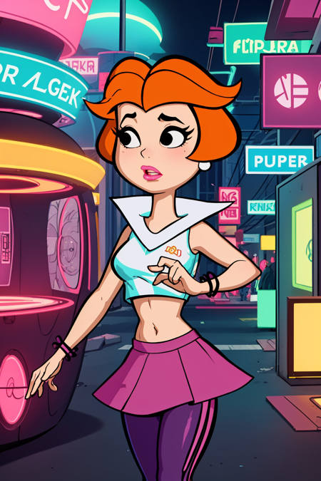 masterpiece, best quality, 1girl, jane, orange hair, short hair, black eyes, makeup, lipstick, earrings, yellow crop top, navel, purple skirt, pink leggings, black hair ribbon, cyberpunk city, neon light, cyberpunk background  <lora:JaneJetson:1>