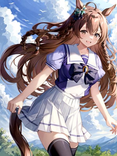 <lora:mejiro_bright-000001:1>, 1girl, solo, umamusume, horse girl, horse ears, horse tail, brown eyes, brown hair, long hair, light smile, ear bow, sailor uniform, serafuku, skirt, thighhighs