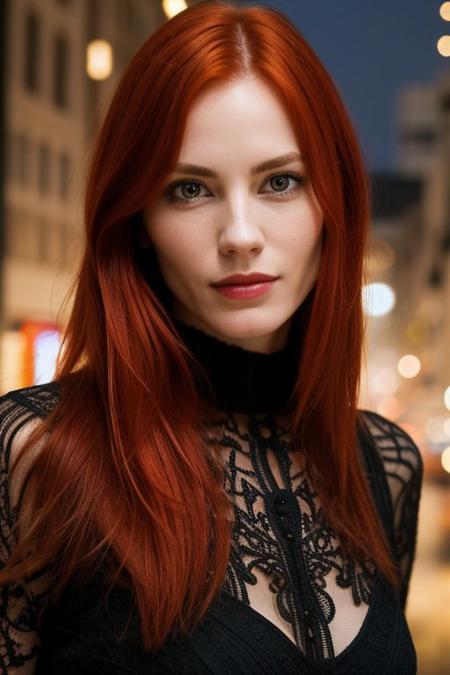 <lora:lena:1>, realistic photo of lena, a woman, red hair, sexy face, standing, (masterpiece:1.1), (best quality:1.1), (intricate details), flash photography