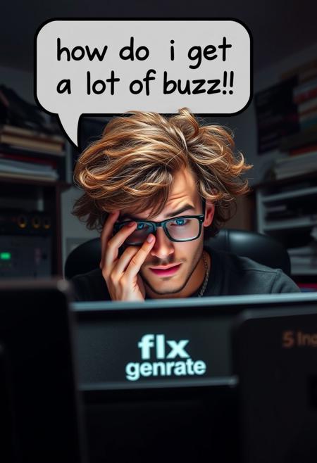 Photorealistic, a tech nerd with messy curly hair is rubbing his face, his screen reading 'flux generate'. His room is dark and cluttered. A speech bubble above his head reads, "how do i get a lot of buzz!!"