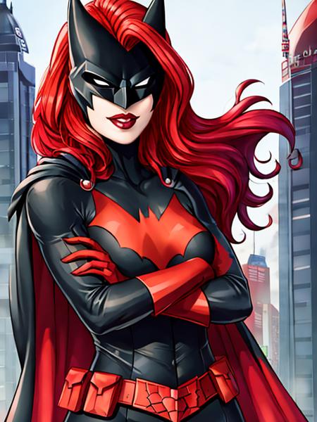 batwoman, superhero, bat print, 1girl, red hair, lipstick, mask, makeup, long hair, red lips, red gloves, black bodysuit, red lips, belt, cape, pointed arm accessory, holding microphone, forest background