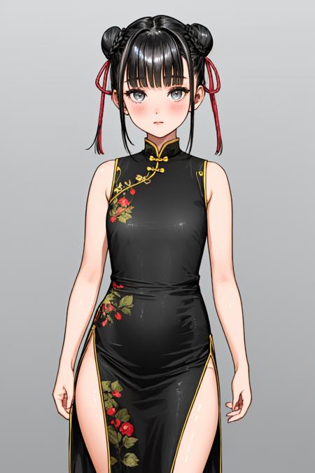 1girl, bare shoulders, black dress, black hair, blunt bangs, blush, braid, braided bun, breasts, china dress, closed mouth, double bun, dress, expressionless, grey eyes, hair bun, long hair, looking at viewer, pelvic curtain, print dress, side slit, simple background, sleeveless, sleeveless dress, small breasts, solo, standing, twintails, white background
<lora:USA18:.8>