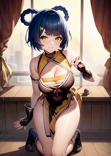 xiangling_\(genshin_impact\), 1girl,  blue_hair, hair_rings,dress, fingerless_gloves, black gloves, chinese_boots, black_boots, pelvic_curtain, yellow_curtain, gloves, short_hair, bell, red_ribbon, chinese clothes, (masterpiece:1.6, best quality), (finely detailed beautiful eyes: 1.2), ultra-detailed, illustration,beautiful detailed eyes,close up, full body, (breast focus), (arms behind back:0.6),  (breasts out:1.3), (off shoulder:1.1), (full_body) ,  shiny skin,    <lora:xianglingGenshinImpact_xianglingGenshinImpact:0.7>