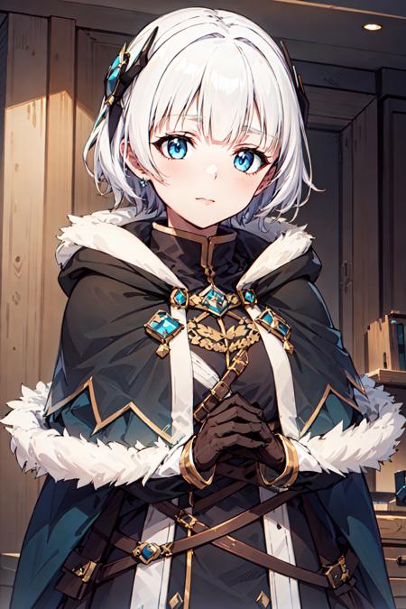 meteora osterreich,1girl, blue eyes, short hair, fur trim, hood, jewelry,capelet,white hair