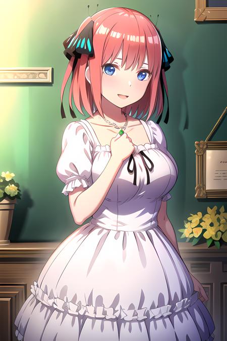 1girl, solo, breasts, looking at viewer, smile, short hair, open mouth, bangs, blue eyes, large breasts, hair ornament, dress, ribbon, twintails, jewelry, collarbone, hair ribbon, upper body, pink hair, flower, short sleeves, :d, red hair, parted lips, puffy sleeves, indoors, hand up, blunt bangs, medium hair, necklace, white dress, puffy short sleeves, black ribbon, hand on own chest, pendant, raised eyebrows, butterfly hair ornament, picture frame, starfish, bulletin board, style novel,  <lora:novel_style:0.5>, <lora:GoodHands-vanilla:1>