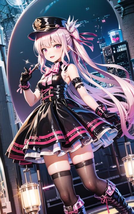 masterpiece, best quality, 1girl, solo, long_hair, <lora:lili:0.65>, outdoors, (night light:1.3), black gloves,hat,city background,black thighhigh,boots