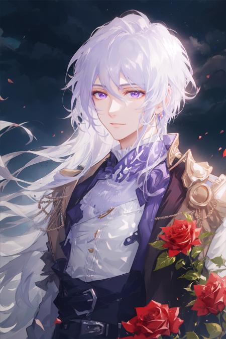 masterpiece, best quality, high quality,close up,outdoors,
1man, adult,((mature male)),  rose,man,long hair,purple eyes, white hair,jewelry,<lora:yexuan:0.8>,
fantasy, ambient_light,red roses