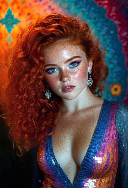 This vibrant photograph features a young woman with striking features and a captivating, expressive face. She has strikingly long, curly red hair that cascades over her shoulders, with a vibrant pink hue blending into her natural red. Her skin is fair with a scattering of freckles across her face, particularly prominent across her cheeks and nose. She has striking, piercing blue eyes and full, slightly parted lips painted a bold red. 
She is wearing a low-cut, long-sleeved top in a vibrant, iridescent pattern featuring shades of pink, orange, and purple, with glittering sequins that catch the light, adding a mesmerizing, shimmering effect. The top is form-fitting and deep V-neck, accentuating her décolletage.
Her earrings are intricate, dangling pieces that add a touch of elegance and bohemian flair. The background is a rich, psychedelic tapestry filled with swirling, multicolored patterns of flowers and abstract shapes in shades of pink, blue, and orange, creating a vibrant, dreamlike atmosphere. The lighting is dramatic, with a warm, moody glow that casts her in a striking silhouette, emphasizing her features and the intricate details of her outfit and hair.