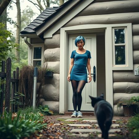 high quality, 8K Ultra HD. at a woodland cottage a woman with short blue hair stands at the front door, she is wearing a blue crop top, blue mini skirt, black stockings and blue sneakers. She is looking upset as a black cat walks away from her. long shot, deep focus, eye level view