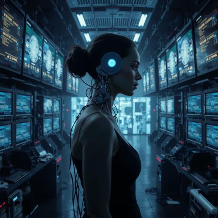 cinematic film still a hacker girl with a mechanical spine directly plugged into a massive data hub, downloading information in a dark, high-tech room filled with screens. shallow depth of field, vignette, highly detailed, high budget, bokeh, cinemascope, moody, epic, gorgeous, film grain, grainy