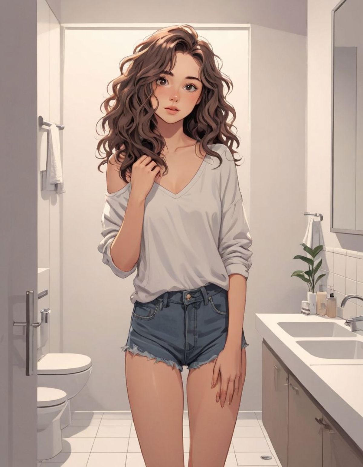 A cartoon image of a woman in a white shirt and blue shorts standing in a bathroom.