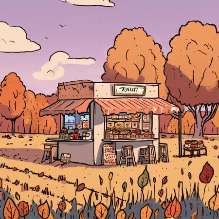 high-quality artwork in jmst artstyle of a food stand on the wayside of a field during autumn