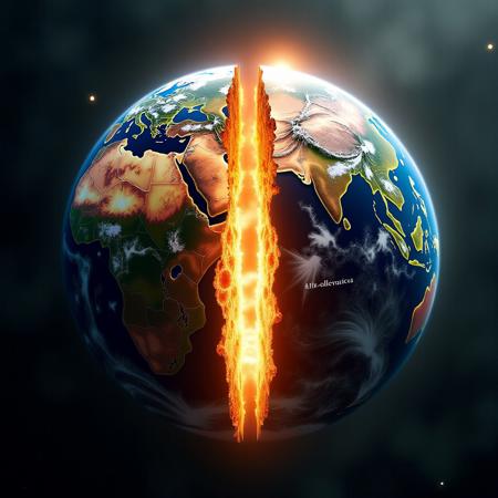 View of earth planet that are breaking in half, vivid and momentous display, extremely realistic, armageddon feel, view from space,