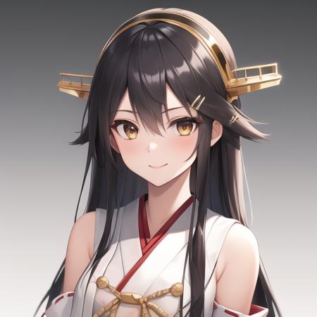 (masterpiece, best quality:1.2),illustration,8k,hd,1girl,solo,upper body,(portrait:1.2),black hair,gold eyes,long hair,hairband,headgear,hair ornament,hairclip,nontraditional miko,japanese clothes,detached sleeves,ribbon-trimmed sleeves,smile,wide sleeves,red skirt,pleated skirt,hakama skirt,waist bow,thigh boots,thighhighs,<lora:Haruna(kan)>,