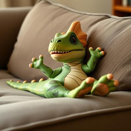cute dynosaur laying on the sofa with his hands up