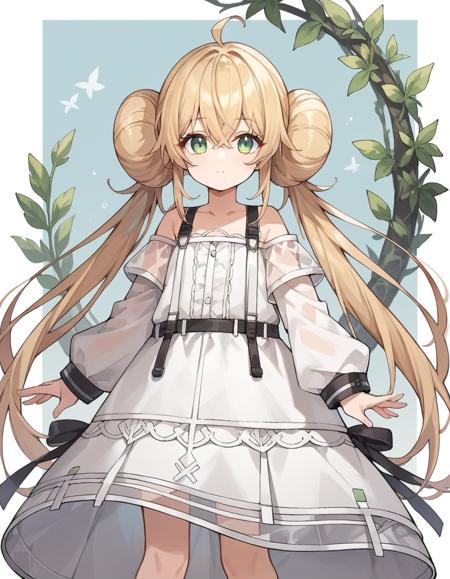 blonde hair, crossed bangs, hair between eyes, long low twintail, double side hair buns, side bangs, ahoge, light green eyes, white one-piece dress with black strap, floating bow and arrow, child