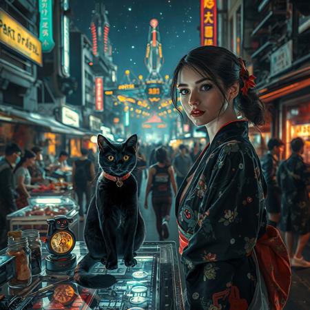 Setting is a futuristic cyberpunk street market at night, the market is comprised of street vendors selling robot parts, food, weapons, and robots. People wearing futuristic cyberpunk clothing are walking through the street market shopping and eating, A sleek black cat with red collar sits on a cluttered metal riveted desk with transparent top and micro-LED lighted computer components visible inside, On the desk is an ebony and gold maneki neko statue and futuristic art deco lighting, (((a beautiful woman, 24 years old, is standing in the foreground FACING THE VIEWER, she has an expression of interested curiosity)))))), the sleek black cat with red collar is sitting on the desk and watching the people walking by in the busy street market, the woman is dressed in futuristic cyberpunk Japanese style yukata with a plunging neck line alluring but Japanese classic aesthetic. An enormous art deco inspired starship with futuristic lighting and an enormous space station are visible in the background among the stars, The woman's hair is elegantly tied up with a ribbon. Artistic cyberpunk, dynamic perspective, (((overall architectural aesthetic is Art Deco Cyberpunk))).  Epic image that elicits a feeling of wonder and awe, HIGHLY STYLIZED FUTURISTIC LIGHTING AND ARCHITECTURE,