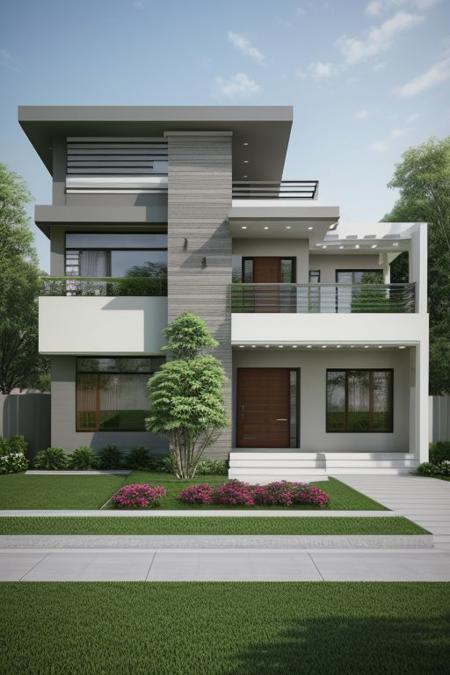 (masterpiece), (high quality), best quality, real, (realistic), super detailed, (full detail), (4k), 8k, modern house exterior design, modern architecture, clean lines, simple shapes and a strong attention focus for functionality, tree, flower garden in front of the building,