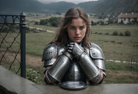 Cinematic photograph of a 18 year old wet pear shaped peasant woman in a small old village sitting on a stone fence while it's raining, she is looking furious and angry, eyeliner, freckles on her body ,clouds in the horizon, she is wearing a medieval (metal knight plate armor and gloves:1.5), it's raining heavily, wet moving hair, black bangs hair, shallow depth of field, vignette, highly detailed, high budget Hollywood movie, bokeh, cinemascope, moody, mist, epic, gorgeous, film grain, grainy, front, (Style-DA:1.3) dramatic pov,  <lora:Cooltones:0.4>