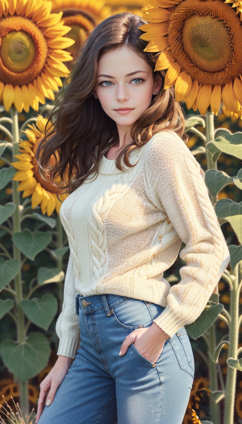 a perfect angle  photo of a mature woman, macfoy,  posing for the camera, wearing a sweater and denim pants,  in a field f...