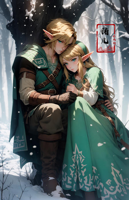 legend of zelda link between forest and ice, in the style of romantic illustrations, goblin academia, green and bronze, romantic manga, detailed costumes, post-painterly, dark cyan and beige
leafeye contactsitting
<lora:~Q?-X^\legend of zelda:0.8>