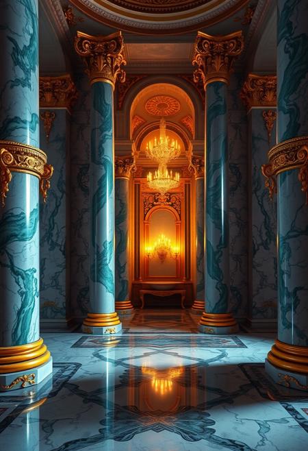 masterpiece, best quality, hyper detailed, ultra detailed, UHD,
low-key,( dark:0.8), chiaroscuro,, vibrant colors,
columns, palace, malachite columns, marble floor, golden ornaments, murk, volumetric light, bathhouse