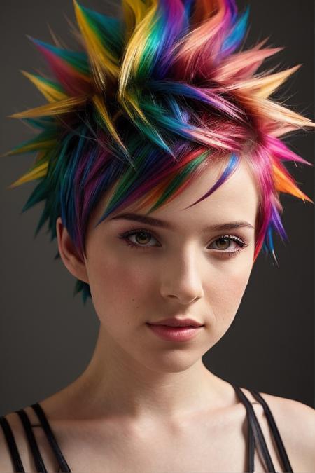 masterpiece, stunning closeup portrait photo of pkmn,  by Flora Borsi, style by Flora Borsi, bold, bright colours, (rainbow Mohawk haircut:1.2), (Flora Borsi), natural lighting, subsurface scattering, f2, 35mm, film grain,