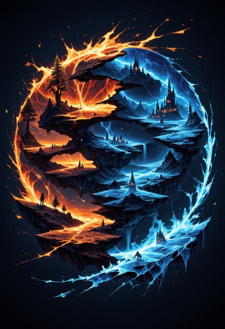 Create an image split into 5 shattered fragments, like pieces of a broken mirror, each depicting a different world. The first fragment shows a fiery desert, with blackened rocks and swirling ash storms. The second fragment reveals an enchanted forest, where glowing bioluminescent trees tower over the misty ground. The third fragment is an underwater city, ancient and ghostly, with glowing seaweed and crumbling structures. The fourth fragment portrays a post-apocalyptic wasteland, with ruined cities and mutated creatures lurking in the dust. The fifth fragment is a frozen wasteland, with jagged ice mountains and eerie northern lights illuminating the cold, empty space. Each piece should feel connected by glowing cracks or magical energy, with contrasting color schemes for each world.
