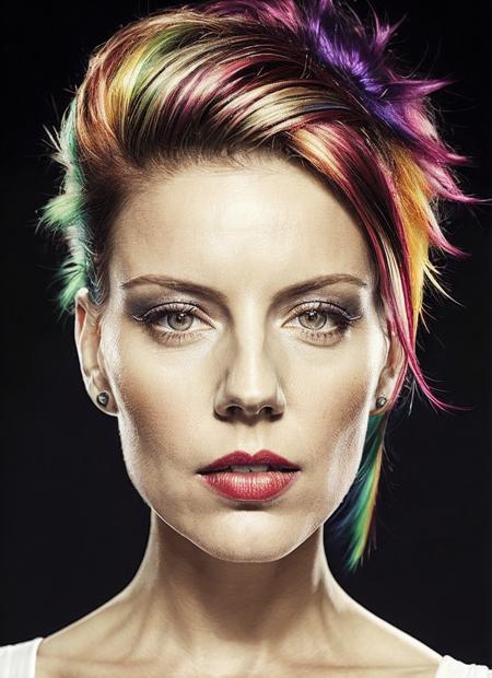 portrait of sks woman by Flora Borsi, style by Flora Borsi, bold, bright colours, rainbow Mohawk haircut, ((Flora Borsi)), <lora:locon_andreaparker_v1_from_v1_64_32:1.25>