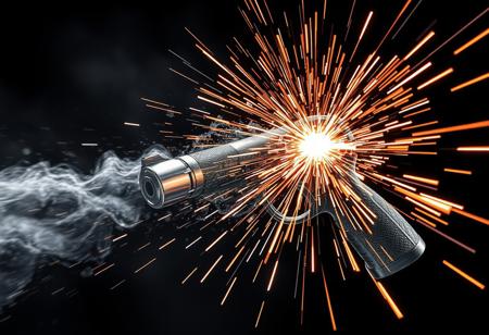 Wave motion gun  with shockwaves ricocheting off invisible silver forcefield. Chrome sparks from impact point