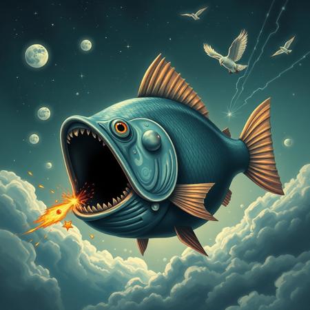 score_9, score_8_up, score_7_up, a cosmic fish with a black hole in its mouth hunting a bird flying in the sky