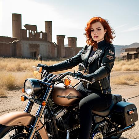 beautiful girl on a Harley-Davidson motorcycle, 35 y.o woman in wastelander clothes, redhair, short haircut, pale skin, slim body, background is city ruins, (high detailed skin:1.2), 8k uhd, dslr, soft lighting, high quality, film grain, Fujifilm XT3
