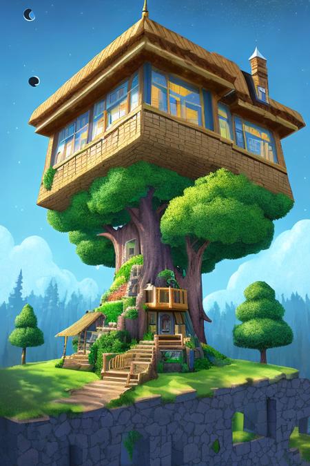 a good photo of the Isometric_Dreams,  surrounded by trees and a moon in the sky,a tree house with a tower and a staircase inside of it
