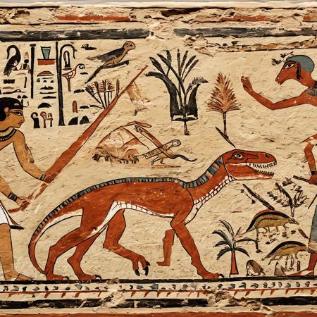 <lora:Ancient_Egypt_Painting_Style:1> ancientegypt, old egyptian wall painting of a man hunting a giant dinosaur, 2d, perfect composition, masterpiece
