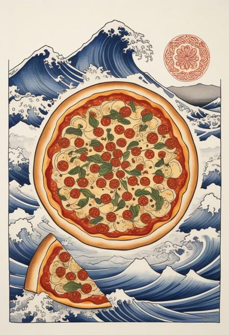 pizza mandala, in ukiyoe style, by Katsushika Hokusai, ink paintings,