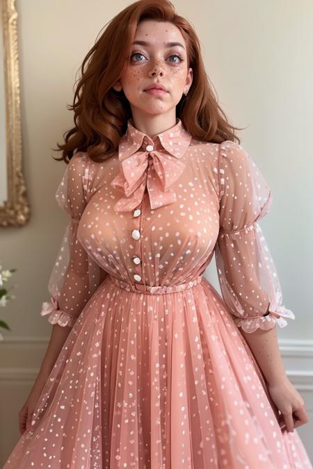 d0tt3dp3achy, dress, standing, puffy short sleeves, pink dress, collared dress, polka dot dress, frilly, bow, long puffy short sleeves,