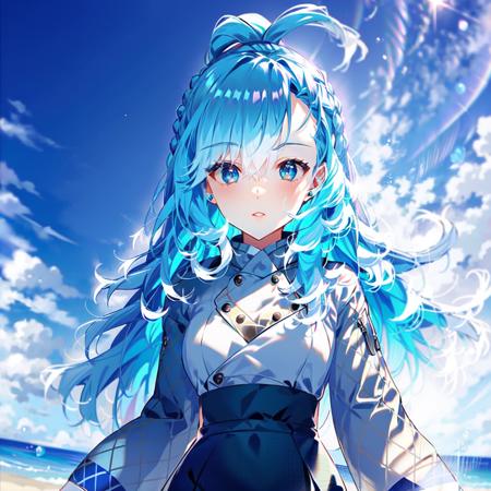 kobo, blue hair, blue eyes, 8k ,masterpiece, perfect face, perfect eyes, ocean background