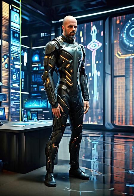 1man, city major, a powerful confident  sophisticated cyborg executive, age-45, very short hair, goatee, male,    in a stiff futuristic formal rubber  bodysuit, a tie, suit, fancy epaulets, in a cyberpunk city skyscraper science fiction room office, futuristic image
(realistic photograph, 8k resolution, tilt-shift lens:0.9)