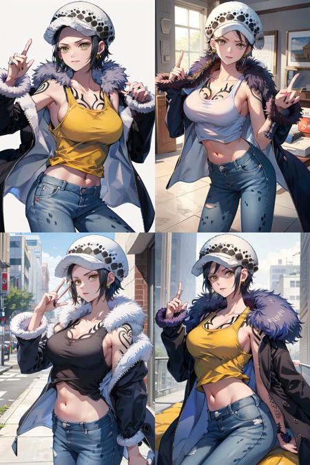 masterpiece,best quality,8k,highestres,absurdres, extremely detailed,
femlaw, solo, looking at viewer, short hair, large breasts, hat, navel, holding, cleavage, collarbone, earrings, midriff, pants,coat, fur trim, denim, jeans, shoulder tattoo,forearm tattoo,hand tattoo,finger tattoo,chest tattoo,  fur-trimmed coat, coat on shoulders,  yellow tank top,///,<lora:Trafalgar_lawV4-10:0.8>