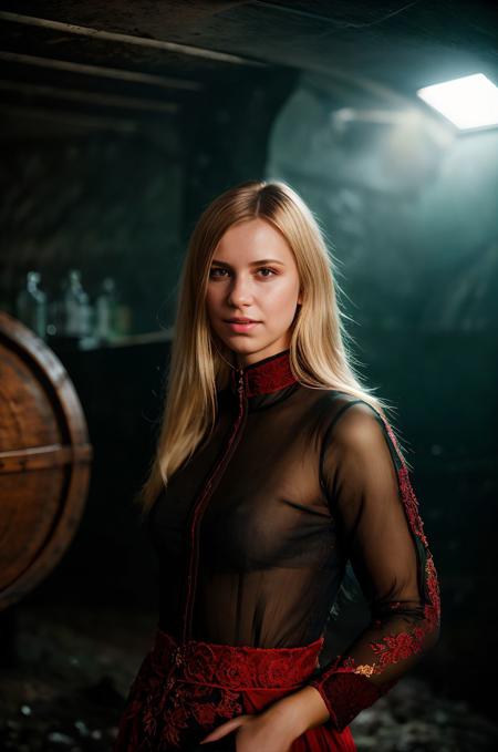 A stunning intricate full color portrait of  a  beautiful woman, nuder, in a gloomy cellar, natural lighting, epic character composition,by ilya kuvshinov, alessio albi, nina masic,sharp focus, subsurface scattering, f2, 35mm, film grain <lora:DidoAngel:1>