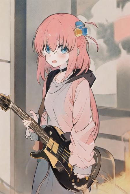 gotou hitori, cube hair ornament, blue eyes, instrument, guitar, pink hair, hair ornament, 1 girls, jacket, bangs, holding instrument, multiple girls, holding, hair between eyes, hood, one side up, electric guitar, shirt, open mouth, long sleeves, hood down, black shirt, blurry, :o, white jacket, collarbone, hoodie, solo focus, playing instrument, looking at viewer, short hair, gibson les paul, gotou,  <lora:hitoriGotohBocchiThe_v1:1>,  <lora:Xiaorenshu_v20:1>