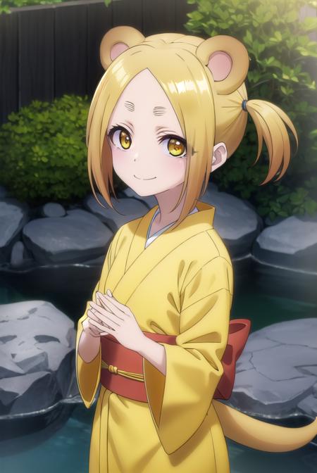 koyuzu shigaraki, short hair, blonde hair, animal ears, twintails, (yellow eyes:1.3), tail, japanese clothes, kimono, sash, obi, orange kimono,